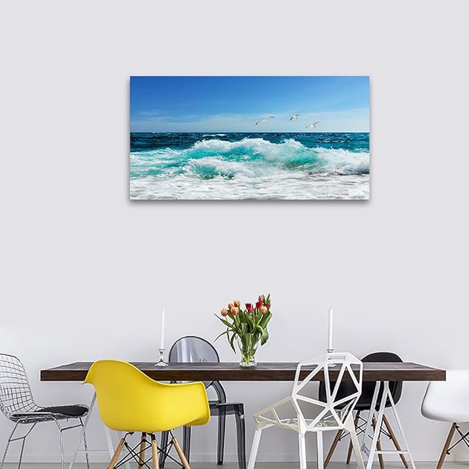 tigeridge Sea Beach Canvas Wall Art for Living Room Wall Decor Ocean Waves Canvas Pictures Blue Surfing Water Seagull Canvas Prints Artwork Office Home Wall Decorations Framed Ready to Hang 29" x 58"