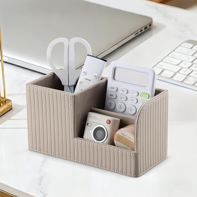KINGFOM Desk Pen Organizer Office Supplies Caddy Pu Leather Multi-function Storage Box Pen/Pencil,Cell phone, Business Name Cards Remote Control Holder (Mocha Beige)