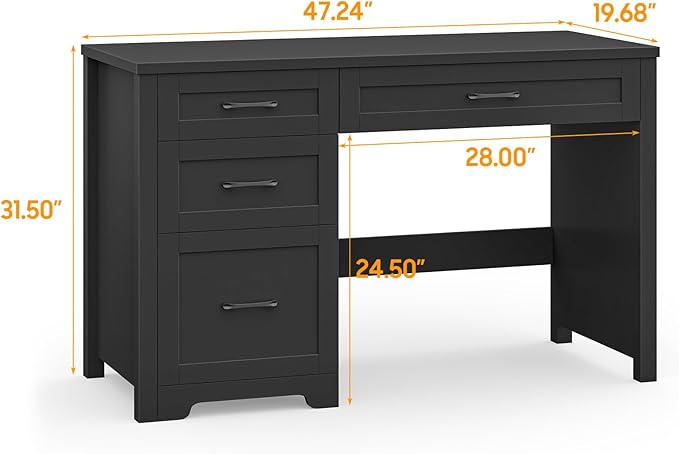 Vabches Farmhouse 47" Executive Desk with File Drawer, Wood Computer Desk with 3 Storage Drawers, Workstation for Home Office, Study, Writing.Black.