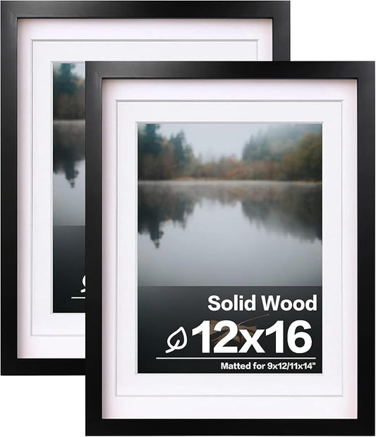 Egofine 12x16 Picture Frames Black Set of 2, Solid Wood Frames Covered by plexiglass, Display photos 9x12/11x14 with Mat or 12x16 without mat, for Wall Mounting