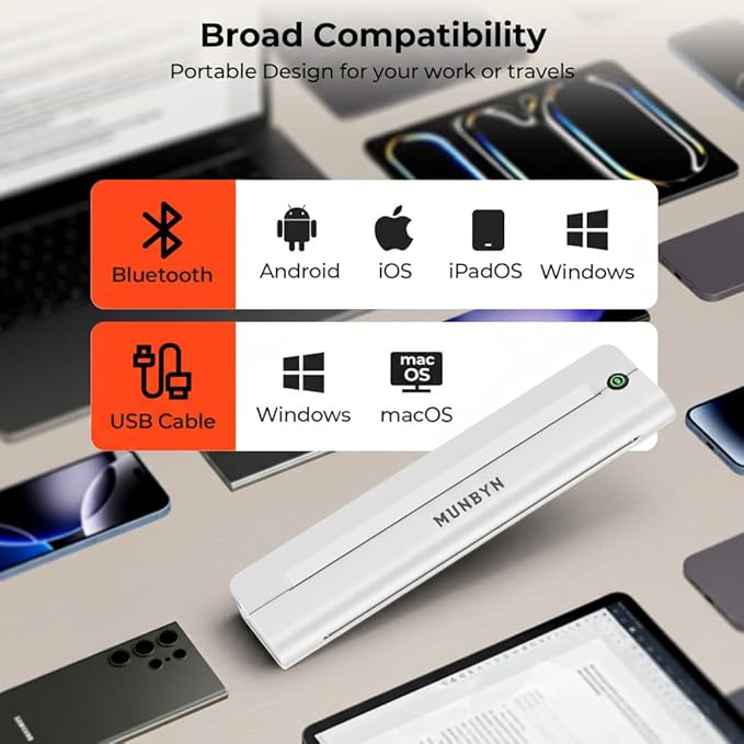 MUNBYN Portable Printer Wireless for Travel, Small Bluetooth Inkless Thermal Printer Support 8.5 x 11 US Letter & A4, Compatible with Laptop, macOS,Windows, Android & iOS for Car,Home Office & School