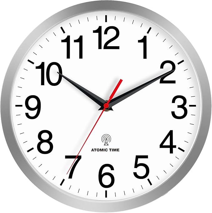 Atomic Wall Clock Modern 10 Inch Battery Operated Analog Clock Decorative for Bedroom Kitchen Bathroom Office Home Living Room (Silver)