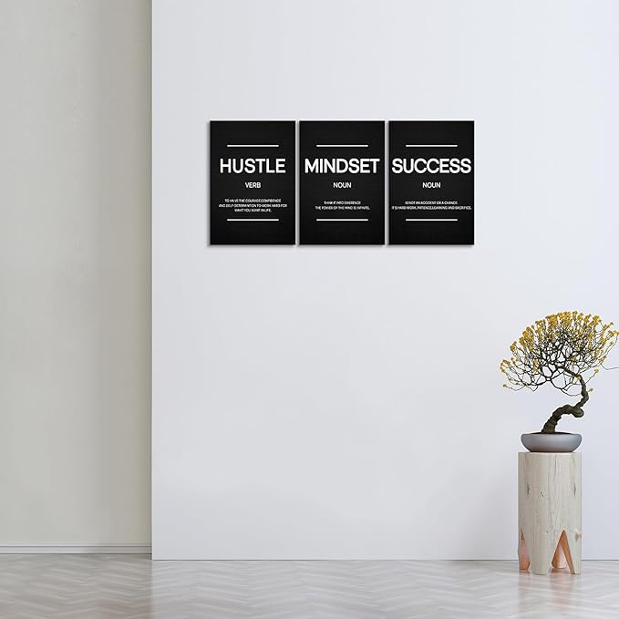 Hustle Wall Art Motivational Wall Decor Inspirational Mindset Quotes Pictures Posters 3 Pieces Framed Canvas Wall Art Prints Success Goal Artwork Home Office Wall Decor Ready to Hang