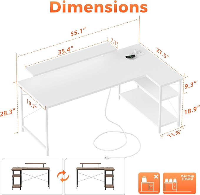 Mericonia Small L Shaped Computer Desk with Power Outlets, Reversible Gaming Desk with Storage Shelves & Monitor Stand, Corner Gamer Desk Table, Study Writing Table