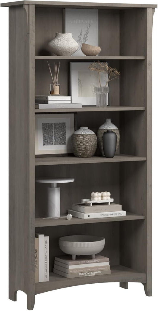 Bush Home Salinas 5 Shelf Bookcase in Driftwood Gray, Tall Bookshelf, Large Book Shelf for Living Room, Home Office, or Entryway