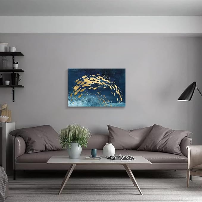 Wall Art Canvas Abstract Ocean Art Paintings Golden Fish Dancing in Blue Sea Modern Artwork Decor for Living Room Bedroom Kitchen 30x20in