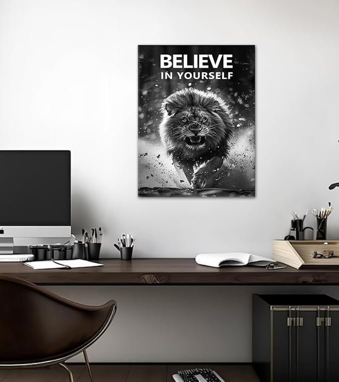 Yatsen Bridge Motivational Lion Canvas Wall Art Black & White Running Lion Poster BELIEVE Yourself Prints Wall Decor for Apartment Modern Home Bedroom Office Decoration Easy to Hand 18x24inch
