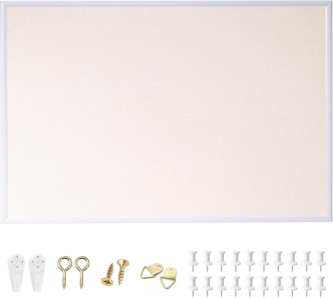 24'' x 36'' Large Linen Bulletin Board, Cork Board for Walls, White European Frame Style, Vision Board, Pin Wood, Ideal for Shool, Home and Office