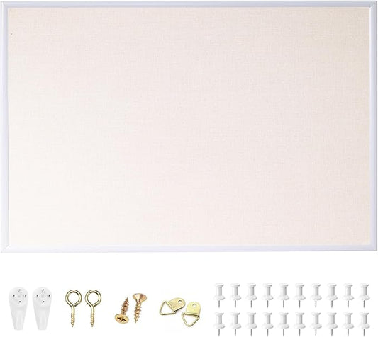 24'' x 36'' Large Linen Bulletin Board, Cork Board for Walls, White European Frame Style, Vision Board, Pin Wood, Ideal for Shool, Home and Office