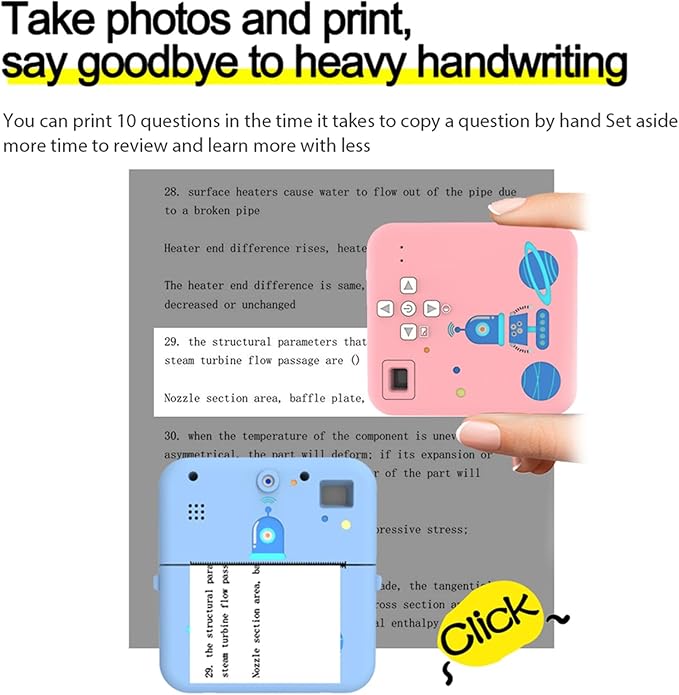 ZJchao 1080P Instant Print Camera Printer Thermal Label Printer with 10 Cartoon Photo Frames for Office and Home (Pink)
