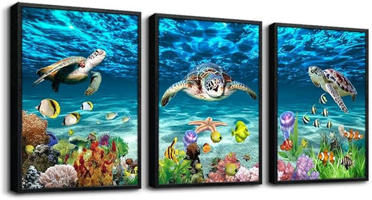 Black Framed Art Prints - Blue Ocean Sea Turtle Wall Art, 3 Piece Set for Living Room, Bedroom, Bathroom & Office Decor