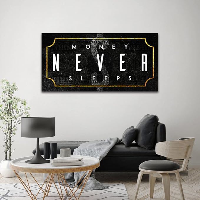 Large Size Canvas Painting Money Never Sleeps Posters and Prints Motivational Office Home Wall Decoration Pictures HD Print for School Coffee Shop, Framed 48" W x 24" H