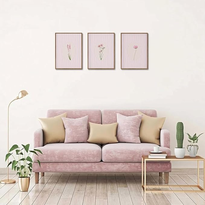 KISSFOX 3 Piece Framed Wall Art Wildflowers Wall Decor Botanical Canvas Art Floral Pictures Stripe Paintings Pink Prints Boho Artwork for Bedroom Living Room