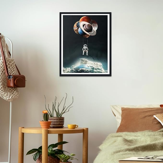 Space Framed Canvas Print Wall Art, Astronaut with Floating Planet, Galaxy Canvas Print, Modern Game Room Decor, Boys Room Decoration Ready to Hang, 12.5x16.5 Inches