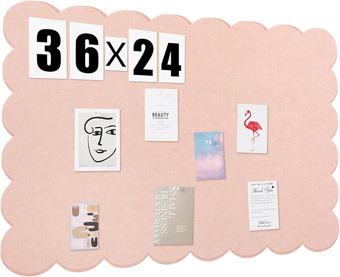 Scalloped Felt Bulletin Board 36 x 24 Inches Foldable Flesh Pink Pin Cork Board Alternative for Wall, 3' x 2' Trifold Picture Vision Self Adhesive Bulletin Decorative