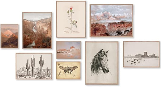KBKBART Vintage Southwestern Wall Art, 9 PCS Farmhouse Southwest Wall Decor, American Rustic Arizona Wall Art, Boho Ranch Desert Western Poster Pictures, Southwest Art Prints for Western Bedroom,
