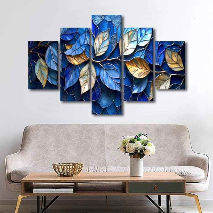 Canvas Wall Art Modern Abstract Canvas Art Decor Blue and Golden Leaves Poster Prints on Canvas 5 Panel Wall Art for Men Lady Living Room Decoration Stretched and Framed Ready to Hang 60x40 in