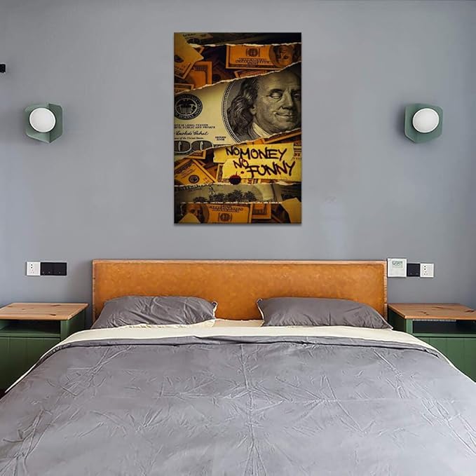 Modern Home Decor Money Canvas Paintings Franklin Dollar Bill Wall Art Inspirational Funny Humor Artwork No Money No Funny Wall Picture Framed Easy to Hang-24x36 inch