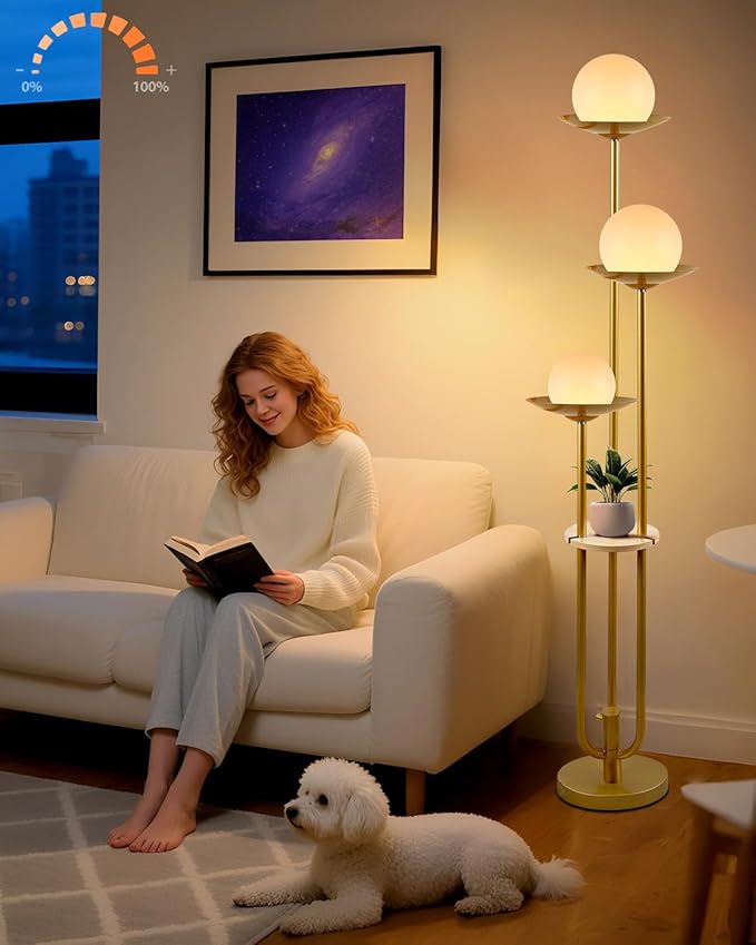 63IN Globe Floor Lamp with Shelf 3-Lights Modern Dimmable Floor Lamps with 3000K Soft Warm White Bulbs for Wedding/Party, Gold Tall Standing Lamp for Living Room/Bedroom