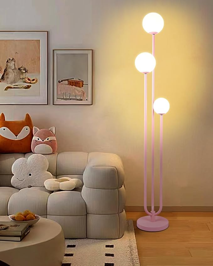 Lightdot 63IN Pink Floor Lamp Mid Century Modern Floor Lamp with 3 Globe 3000K Bulbs Included, 3 Lights U-Style Standing Lamp for Wedding Party/Living Room/Bedroom/Sofa Beside/Corner Decor