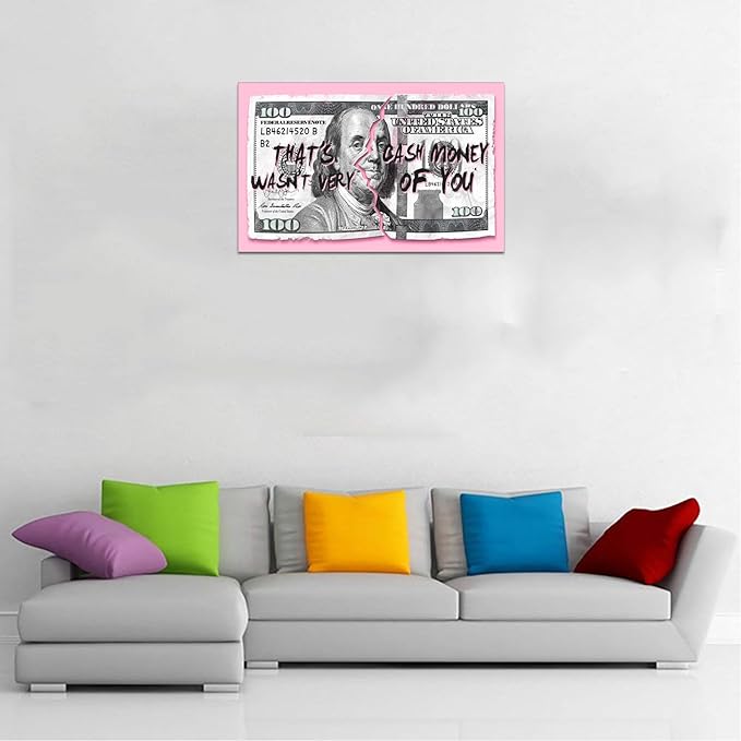 100 Dollars Bill Canvas Wall Art, Money Print Poster Inspirational People Benjamin Franklin Painting Modern Home Decoration, Stretched and Framed 28"W x 44"H