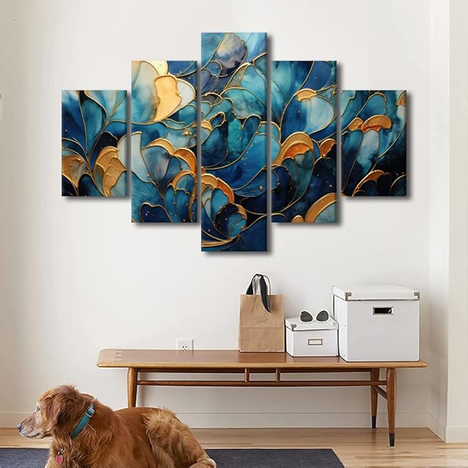 Canvas Wall Art Decor Modern Abstract Canvas Wall Art Abstract Flower Wall Art Blue and Gold Marble Poster Prints 5 Panel Canvas Art for Bedroom Decor Stretched and Framed Ready to Hang 60x40 in