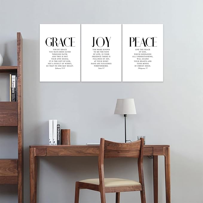 3 Piece Inspirational Wall Art White Motivational Mindset Picture, Quote "Grace Joy Peace" Canvas Print for Christian Gifts, Triptych Entrepreneur Poster Framed Artwork for Home Wall Decor(36"Wx24" H)