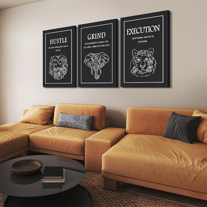 3 Panel Grind Hustle Execution Wall Art - Black & White Motivational Wall Decor Office Pictures Artwork Inspirational Quote Canvas Prints for Living Room Gym Home, Framed & Ready to Hang 20"x28"x3