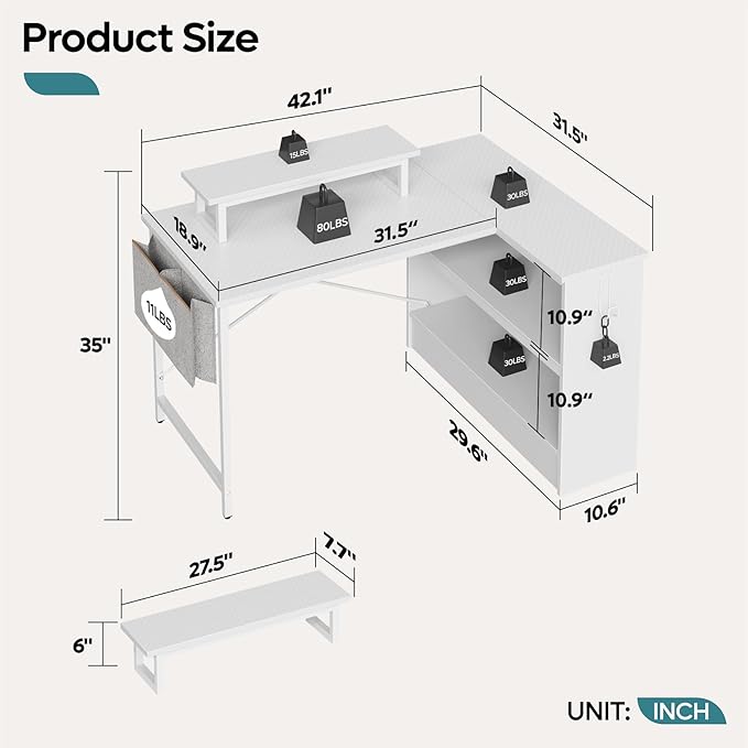 Bestier L Shaped Gaming Desk with LED Lights, 42 Inch Computer Desk with Monitor Stand & Open Storage Cabinet,Writing Study Corner Desk for Home Office Bedroom, White