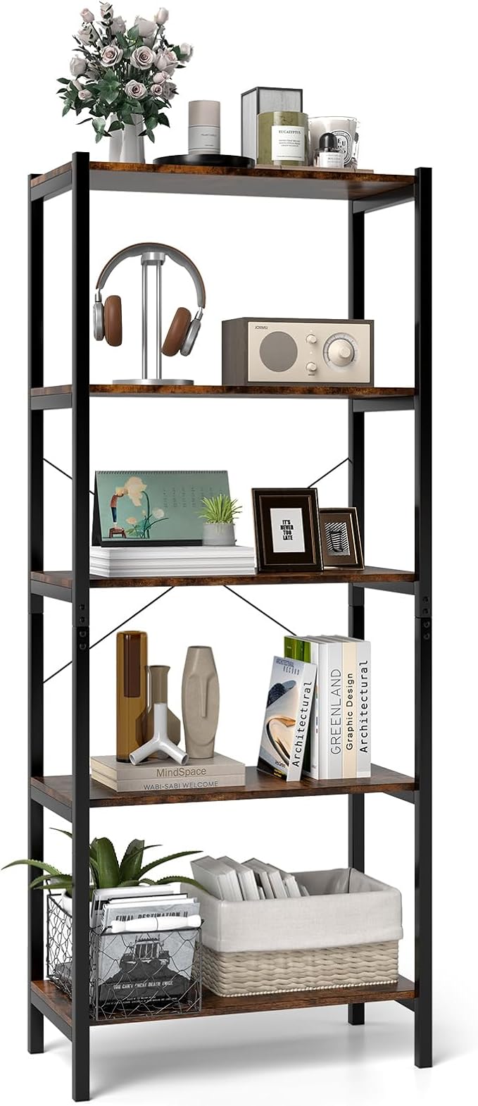 Giantex 5-Tier Industrial Bookshelf, 63.5" Tall Open Storage Organizer Shelves with Anti-Tipping Device and Foot Pads, Steel Frame Bookcase Display Rack for Living Room, Bedroom, Office, Brown