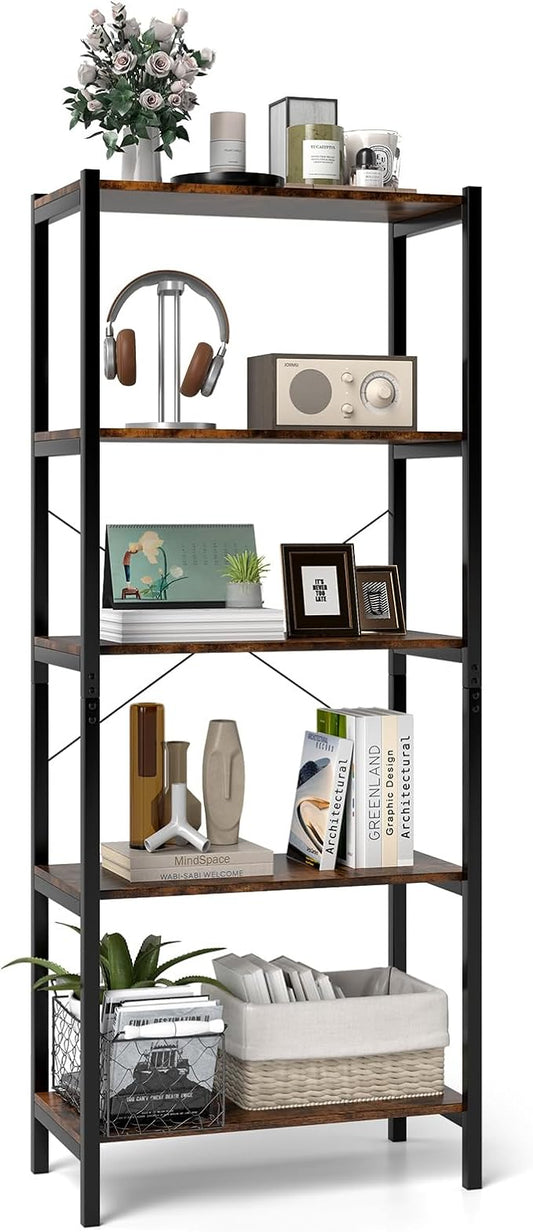 Giantex 5-Tier Industrial Bookshelf, 63.5" Tall Open Storage Organizer Shelves with Anti-Tipping Device and Foot Pads, Steel Frame Bookcase Display Rack for Living Room, Bedroom, Office, Brown