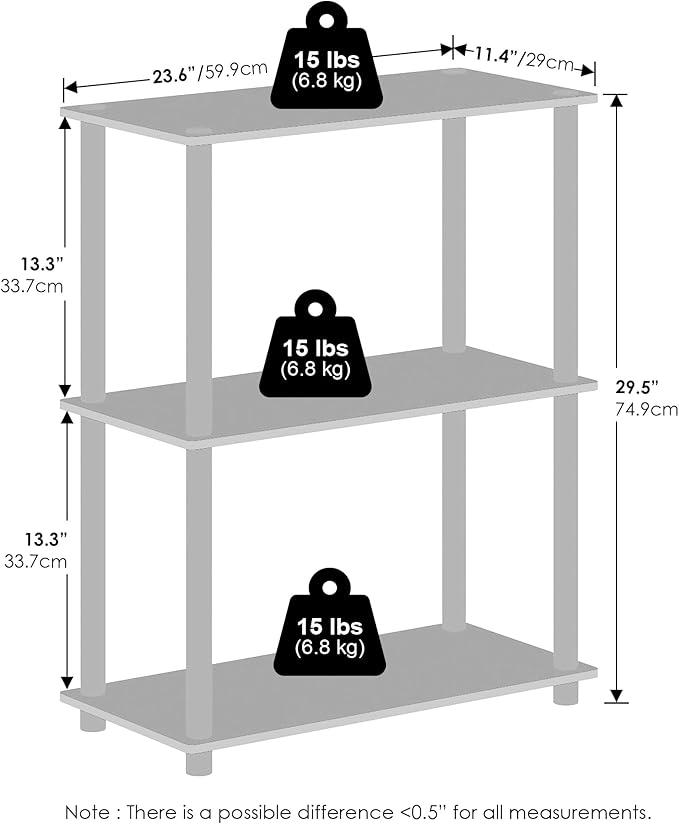 Furinno Turn-N-Tube Book Shelf, 3-Tier Bookshelf, Bookcase with Multipurpose Compact Display Rack, 11.6 x 23.6 x 29.6, for Living Room, Bedroom, Home Office, Sonoma Oak/White