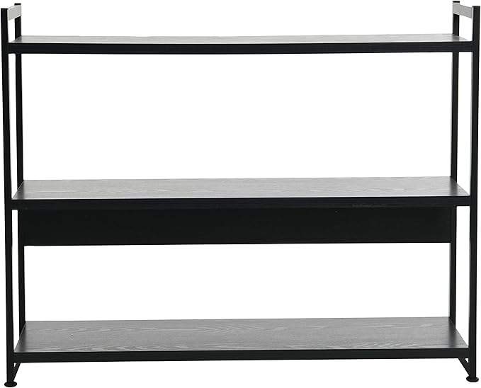 Household Essentials Jamestown Wide 3 Shelf Open Storage Bookshelf Black Oak Wood Grain and Black Metal
