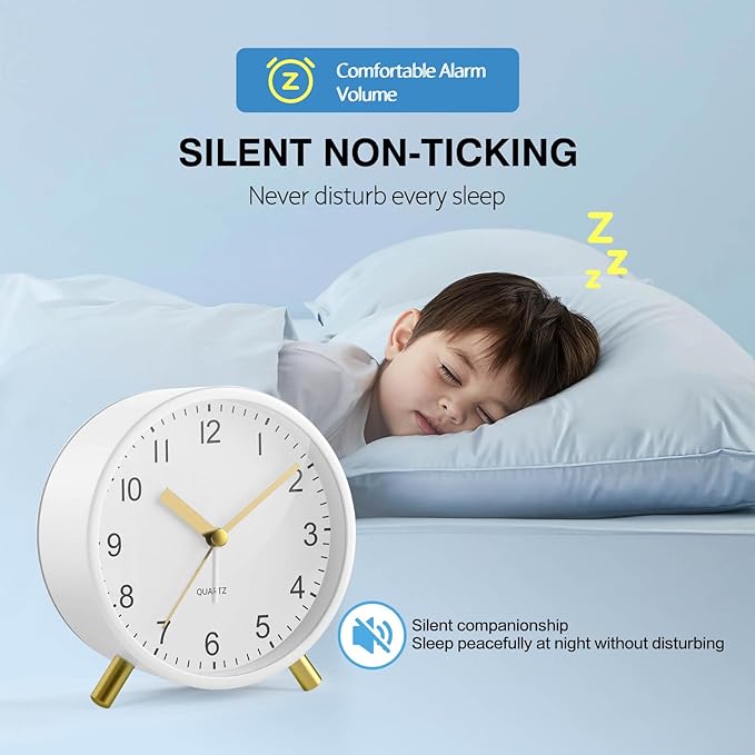 Analog Alarm Clock, Super Silent Non Ticking with Night Light, Battery Operated, Bedroom Clock,Fashionable Round Metal Alarm Clock for Office, Elderly, Adults, Children, School Gift