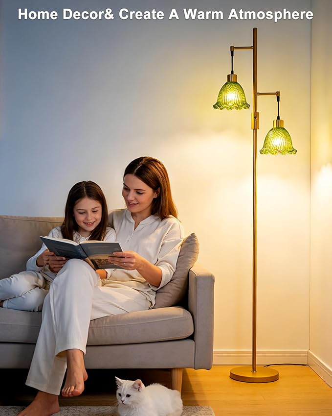 Lightdot 2- Light Gold Flower Floor Lamp for Living Room, 65IN Dimmable Floor Lamps with Green Glass Shade& 3000K Warm White Bulbs, Modern Standing Tall Lamp for Bedroom Office Sofa Beside Home Decor