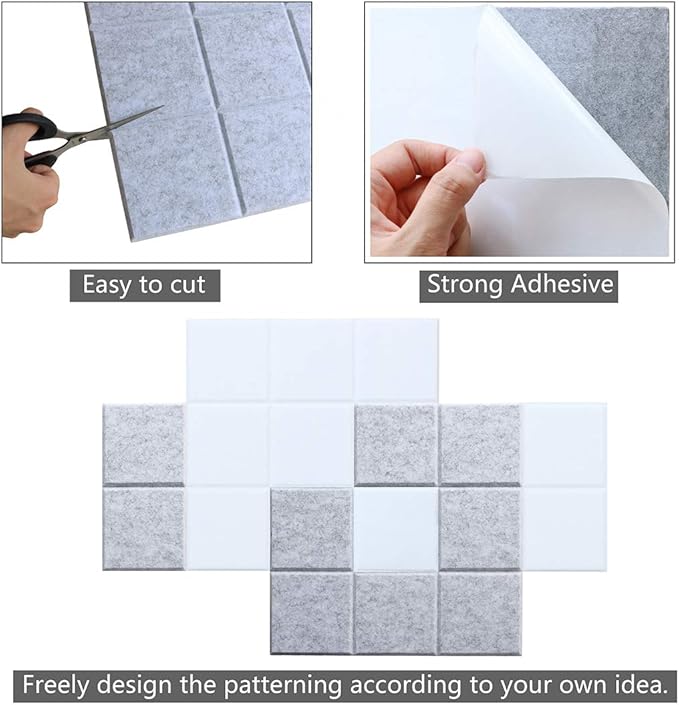 Large Felt Board Tiles for Wall with 30 Push Pins, 11.8"x11.8" Pack of 6 Pin Board Notice Boards for Home Office Kitchen, Bulletin Board Wall Tiles for Photos Memos (Grey+White, 6 Pack)