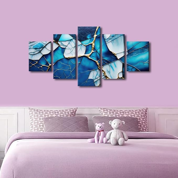 Abstract Canvas Wall Art Modern Abstract Enthusiasts Home Wall Decor Ice Blue Glass Abstract Poster Prints on Canvas 5 Panel Living Room Office Decor Stretched Framed Ready to Hang 60x32 in