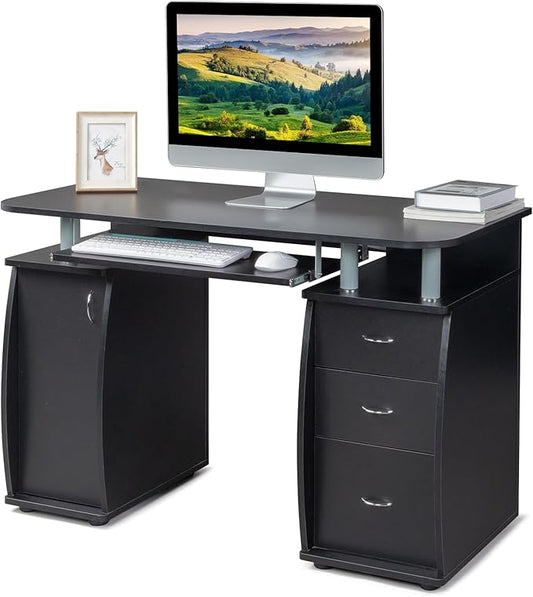 Karl home Computer Desk with Drawers & Storage Cabinet, Small Office Desk PC Laptop Workstation for Home, Studio, Office, Apartment, Black