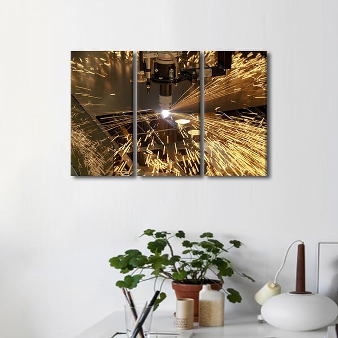TUMOVO Plasma Cutting Wall Decor Industry Machine Pictures 3 Panels Wall Art Canvas Prints Bedroom Wall Decor Canvas Art Paintings Decor Canvas Frame Artwork for Home Walls Ready to Hang, 36x24 Inch