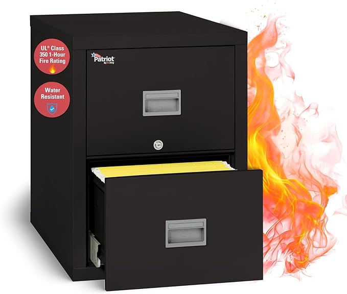 FireKing Patriot 2P1831-CBL Insulated UL Class 350 one-Hour Fire Rated Vertical Filing Cabinet with 2 Drawers, Deep Letter Size, 31-9/16" Length x 17-3/4" Width x 27-3/4" Height, Black