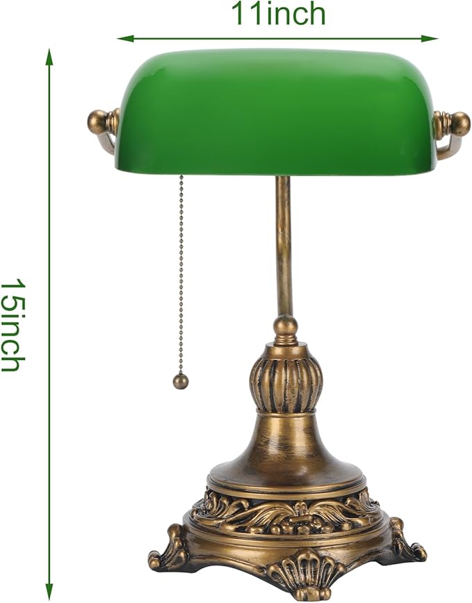 NISSAFORS Bankers Lamp with Pull Switch, Green Glass Desk Lamp with Retro Black/Gold Finish, Vintage Table Lamps for Living Room, Library, Piano(Green)