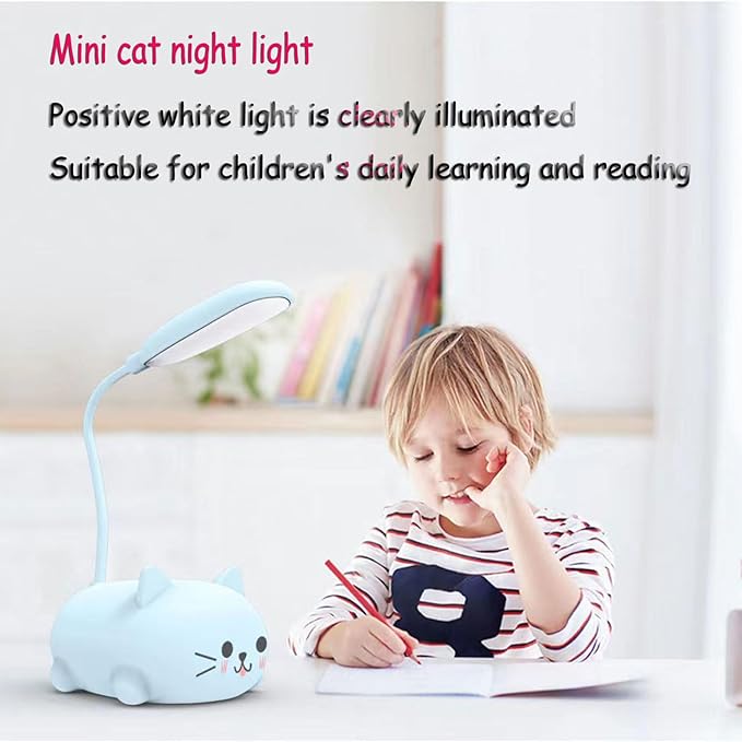 LED Desk Lamp for Kids,Mini Cat Night Light,Cute Cat Foldable USB Rechargeable Reading Light Bedroom Children's Bedside Study (White)