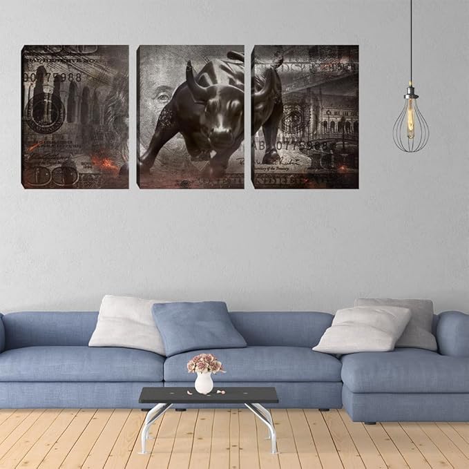 3 Pieces Bull Abstract Wall Art Motivational Wall Art Canvas Office Decor Inspirational Entrepreneur Quotes Picture Poster Framed Art Paintings Home Decoration - 48" W x 24" H