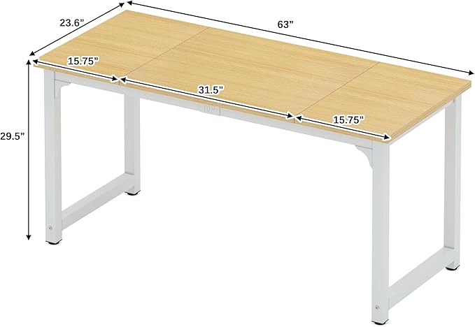 NSdirect 63" Computer Desk,Large Home Office Desk Wide Workstation 1 inch Thicker Tabletop for Writing,Games and Home Work PC Desk Modern Finish Wood Board and Sturdy Steel Legs,Oak+White