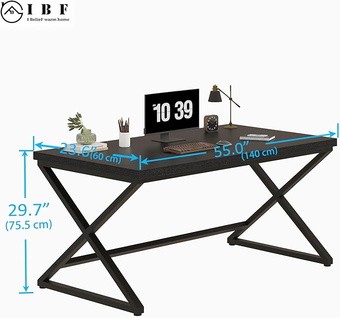 IBF Black Desk, Modern Computer Desk for Home Office, Industrial Simple Pc Gaming Writing Study Desk in Bedroom, Wood Metal Laptop Workstation Executive Work Computer Table, Black Oak, 55 Inch