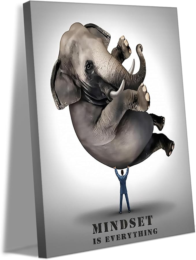 Motivational Office Wall Art – Mindset is Everything Quotes Wall Decor Businessman Lifting Elephant Canvas Print, Framed Inspirational Artwork for Living Room or Bedroom (12" x 16")