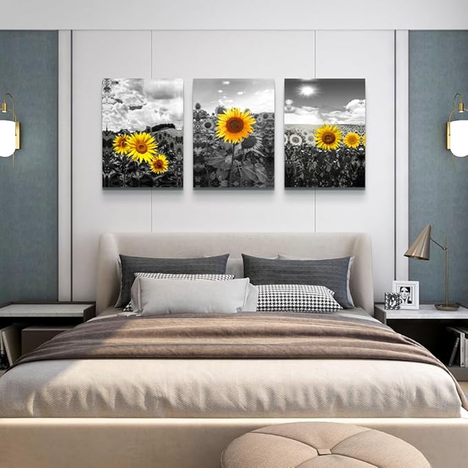 Lapremoly Black And White Sunflower Flowers Painting Large Canvas Wall Art For Living Room Wall Decoration For Bedroom Framed Wall Decor For Kitchen Bathroom Modern Artwork Home Decor Wall Pictures