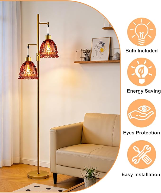 Lightdot 65IN Glass Floor Lamp for Living Room, 2- Light Gold Flower Floor Lamps with Rose Red Glass Lampshade,3000K Warm White Modern Standing Tall Lamp for Bedroom Corner Sofa Beside