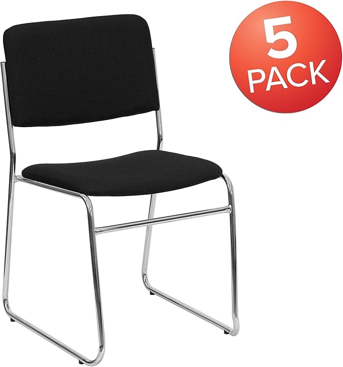 Flash Furniture 5 Pack HERCULES Series 500 lb. Capacity Black Fabric High Density Stacking Chair with Chrome Sled Base