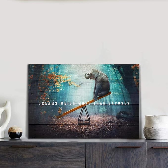 Motivational Quotes Dreams Weight More Than Excuses Wall Art Inspirational Gift for Men Office Home Decor for Walls Butterfly and Elephant Picture Modern Art Paintings Framed, 16"x12"